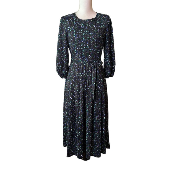 DKNY Belted Long Sleeve crepe de chine midi dress SZ 4 Black Multicolor Print - Picture 3 of 9